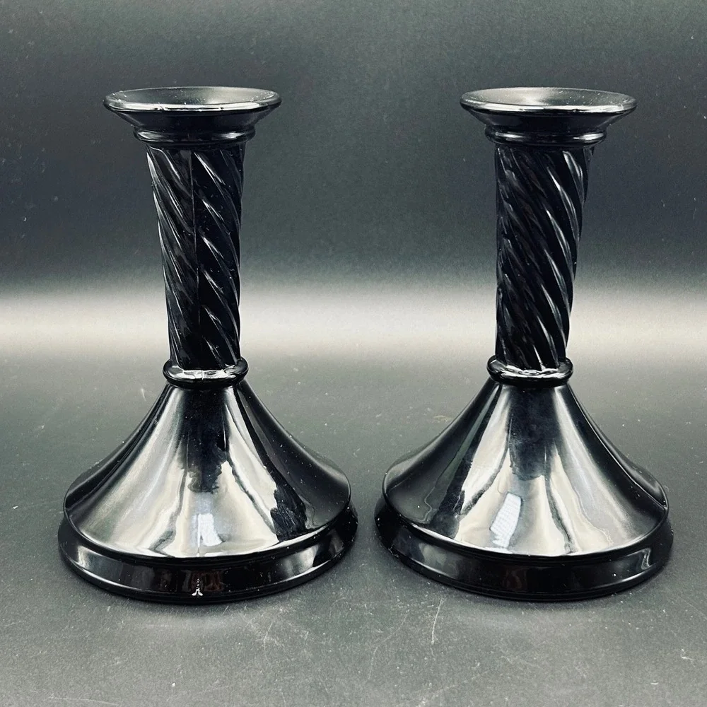 Vintage Black Amethyst Glass Candlestick Set 7